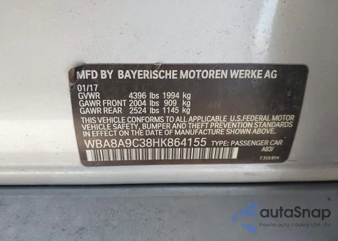 2017 BMW 320I z USA, uszkodzony, nr VIN WBA8A9C38HK864155